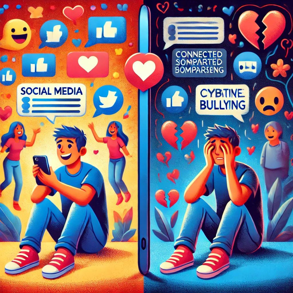 A imagem mostra o impacto positivo e negativo das redes sociais na saúde emocional. O lado esquerdo da ilustração representa o impacto positivo, com uma pessoa sorrindo enquanto interage com amigos em um ambiente colorido e alegre. Emojis felizes, corações e ícones de curtidas estão espalhados, destacando as sensações de conexão e validação. No lado direito, o impacto negativo é retratado com a mesma pessoa agora se sentindo ansiosa e sobrecarregada, cercada por símbolos de corações partidos e críticas, em um cenário mais sombrio que reflete sentimentos de solidão e pressão.