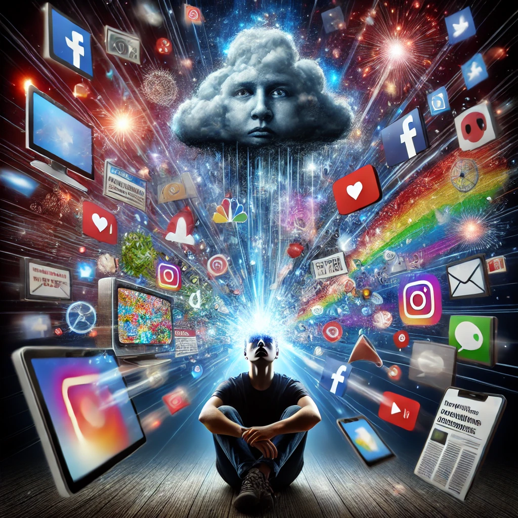 A imagem retrata conceitualmente o impacto da mídia na saúde emocional. Mostra uma pessoa cercada por dispositivos de mídia, como smartphones, TV e laptop, todos emitindo uma mistura de luzes brilhantes e positivas, assim como nuvens escuras e negativas. Algumas telas exibem mensagens de apoio, enquanto outras mostram manchetes de notícias perturbadoras. A expressão da pessoa reflete um conflito emocional, simbolizando a batalha entre os aspectos positivos e negativos do consumo de mídia. Ao fundo, notificações de redes sociais e artigos de notícias flutuam, criando uma sensação de sobrecarga emocional.