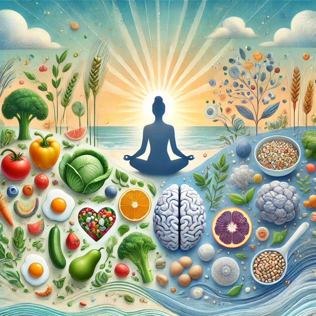 A imagem representa um equilíbrio entre saúde emocional e nutricional. Ela combina elementos de alimentação saudável, como frutas, vegetais e proteínas, dispostos em harmonia. Símbolos de bem-estar mental, como uma pessoa meditando e um ícone de cérebro em paz, complementam a cena. Ao fundo, há elementos da natureza, como árvores e água, junto de um nascer do sol, simbolizando esperança e equilíbrio. A paleta de cores é suave, com tons de azul, verde e laranja claro, criando uma sensação de tranquilidade e vitalidade.